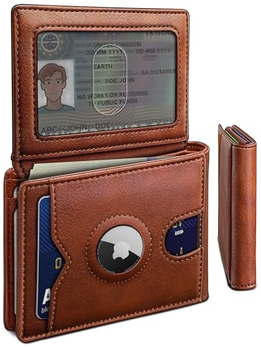 Image of miyozi AirTag Wallet for Men, Slim Leather Bifold with Holder Slot, 2 ID Windows & 13 Card Slots, RFID Blocking Front Pocket Wallet with Gift Box