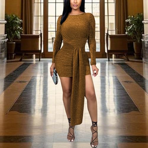 Image of Women's Casual Round Neck Long Sleeve Night Club Party Sexy Sparkly Bodycon Wrap Mini Dress
