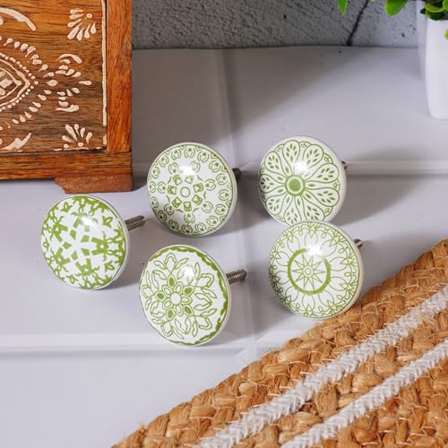 Ajuny 10 Green White Ceramic Cabinet Knobs Printed Drawer Pull Handles Set by Ajuny - Used condition - Image 6