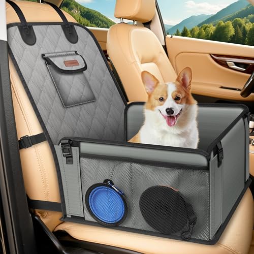 Looxmeer Siège Auto Chien Sécurisé Imperméable et Anti-Griffes, Filet de Rangement et Ceinture Sécurité Adjustable, Installation Facile sur Siège Passager pour Chiens de Petite et Moyenne Taille, Gris