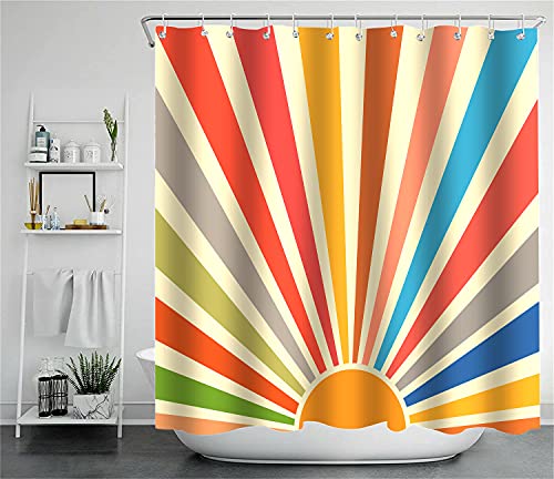 Wgfakjmo Vintage Sun Shower Curtain Boho Shower Curtain Retro 70S Rainbow Sunrise Sunset Minimal Geometric Grunge Abstract Art Print Bohemian Shower Curtain Fabric With 12 Hooks (Rainbow, 72 X 72 In) #TOP2