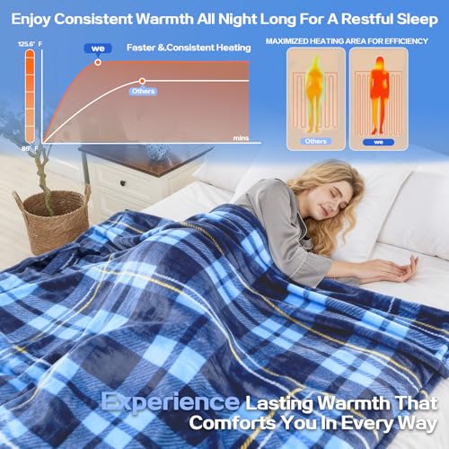 Image of Heated Blanket Electric Throw, Soft Flannel Heating Blanket with 8 Hours Auto Off 10 Fast Heating Levels Machine Washable Sherpa Heated Blanket with Overheating Protection