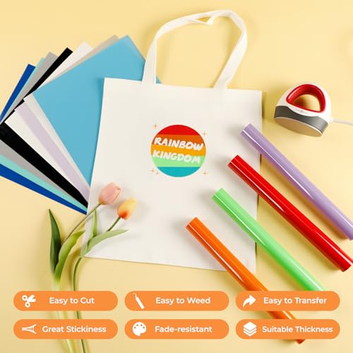Image of HTVRONT HTV Heat Transfer Vinyl, 35 Pack, 12 inch x 10 inch, 30 Assorted Colors | Classic Color Iron-On Vinyl for T-Shirts, Premium Quality, Compatible with Cricut Machine, Compatible with Silhouette Cameo