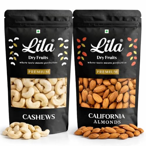 LILA DRY FRUITS Combo Pack Almonds Cashews 100 gms x 2 Each | Premium Badam Kaju Mix for Daily Nutrition, Office Snacking & Gifting | High Protein Healthy Nuts Perfect for Gifting