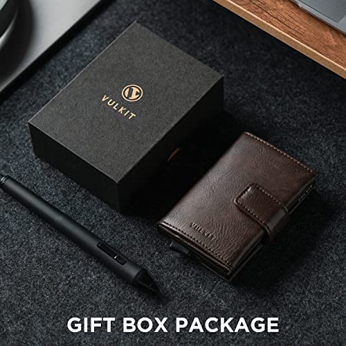 Image of VULKIT RFID Card Wallet for Men, Slim Compact Men's Wallet, Leather RFID Blocking Credit Card Holder Wallet, Trifold Thin Metal Security Pop Up Wallet, Gift Box Packing, Espresso, Taille unique