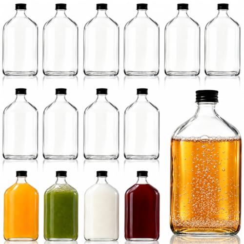 Tebery 15 Pack Glass Flask Liquor Bottle with Black Caps 12OZ Drink Bottles for Beer Milk Beverage Perfume Oil Sauce Whiskey Soda Liquid
