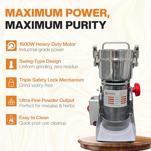 Image of Gorek Technologies High Speed 2000W Masala Grinding Machine | Portable Stainless Steel Dry Mixer Grinder for Grains, Spices, Herbs, Masala, Seeds, Home & Commercial Use | 500g Capacity (GT-PG-500S)