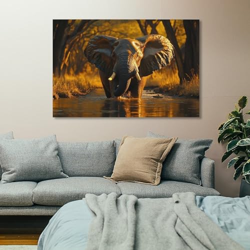 Affiche Sur Toile Elephant au Coucher de Soleil Grand Format