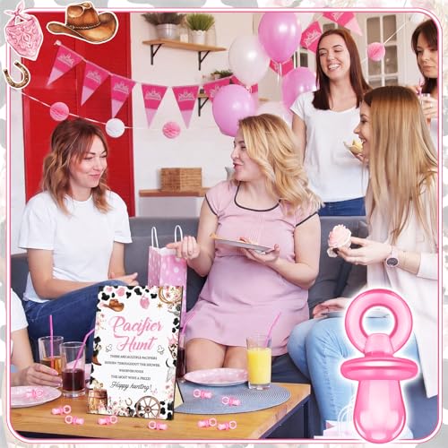 Image of Thyle 51 Pcs A Little Cowgirl Is on the Way Baby Shower Games Pink Cowgirl Pacifier Hunt Include Hunt Sign and 50 Acrylic Pacifiers for Baby Shower Game Decoration Gift Sets Gender Reveal Party Decor