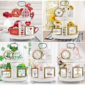 Farmhouse Bee Tiered Tray Decor Set,Interchangeable Year Round Seasonal Decorations Spring Decorations for Home Decor Wooden Frames + Mini Arch + Ladder, NO Tray Farmhouse Bee Tiered Tray Decor SetInterchangeable Year Round Seasonal Decorations Spring Decorations for Home Decor Wooden Frames Mini Arch Ladder NO Tray