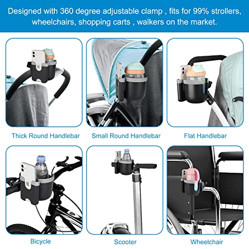 Image of Accmor Stroller Cup Holder with Phone Holder, Bike Cup Holder, Universal Cup Holder for Uppababy Nuna Doona Strollers, 2-in-1 Cup Holder for Walker, Wheelchair, Scooter