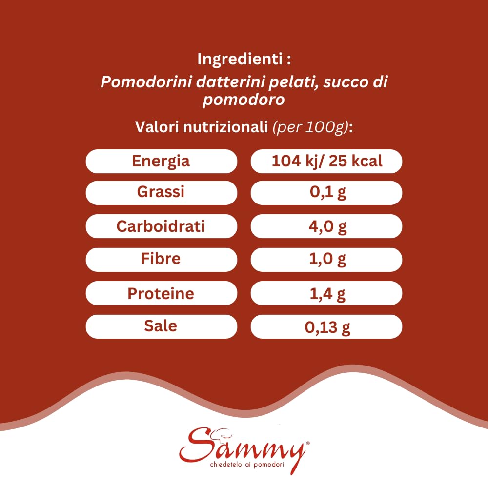 SAMMY - I Datterini Pelati, Pomodorino Datterino Pelato in Succo di Pomodoro, 100% Filiera Italiana, Gusto Dolce e Intenso, 12 Pezzi in Latta da 400gr