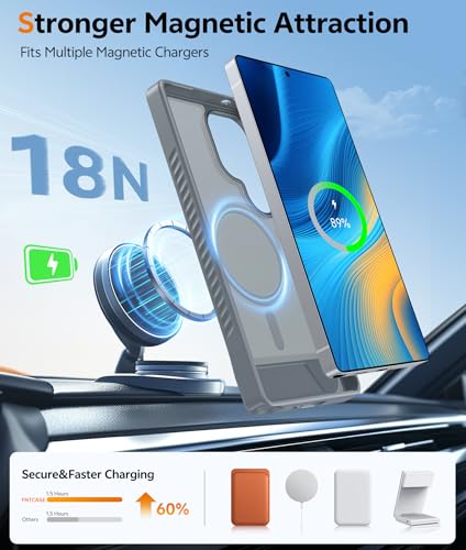 Image of FNTCASE for Samsung Galaxy S25-Ultra Case: [Magnetic Stand] [Compatible with Magsafe] Translucent Matte Military Grade Shockproof Drop Rugged Protective Phone Cover, Gray