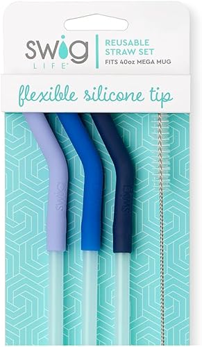Swig Life Juego de pajitas altas reutilizables menta + verde + rojo y cepillo de limpieza, cada popote es de 14 pulgadas de largo (se adapta a vasos