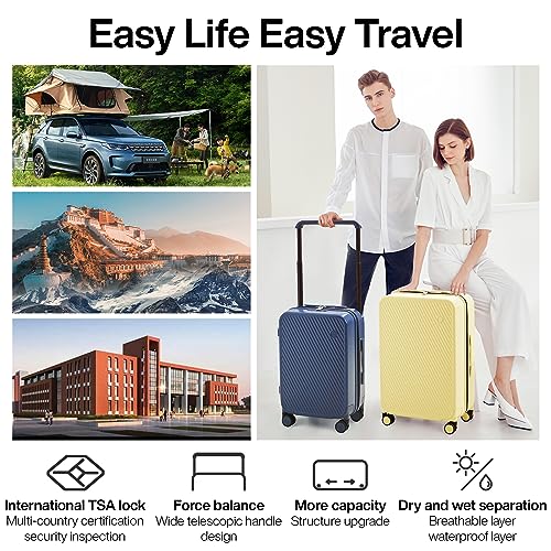 mixi Large Capacity Expandable Carry On Luggage Airline Approved 20'' Lightweight Luggage Wide Handle PC Hardshell Suitcases with Spinner Wheels & TSA Lock, Lark Yellow2