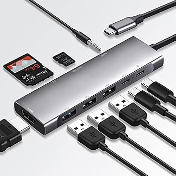 9in1 USB C Hub with 4K HDTV USB3.0 SD/TF Card Reader 100W PD Audio Type C Adapter Compatible for MacBook Pro, USB C Laptops Nintendo, Type C Devices