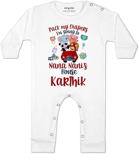ARVESA Customised Baby Name Baby Jumpsuit Nana Nani Theme for Baby Boy and Baby Girl Cotton 0–12 Months Design No 1236 - I...