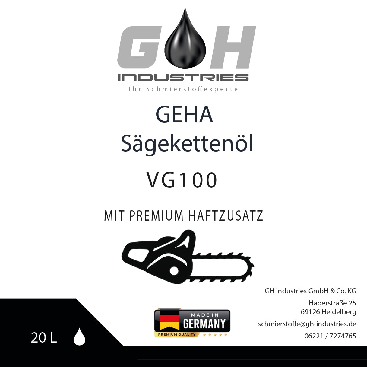 Sägekettenöl VG 100 | 60 L | Hochwertiges Kettenöl für Motorsägen | Starke Haftung & Verschleißschutz | kompatibel mit Stihl, Husqvarna, Makita & Dolmar | Profi Kettensägenöl | GEHA