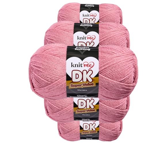 Knit Me Lana DK 5 Ovillos x 100g – Hilo 100% Acrílico para Tejer y Ganchillo, Aguja 3,75 4,5 mm, Ganchillo 4,5 5,5 mm, 1500m, suave, lavable, gorro manta amigurumi bebé, Rosa
