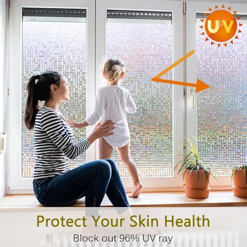Image of WOO Home Window Privacy Film (24 X 120 Inch) Glass Window Film Mosaic Static Cling Decorative Window Vinyl, Removable Rainbow Window Tint, Non-Adhesive UV Blocking (Mosaic Glass Film | 2 X 10 SQFT)