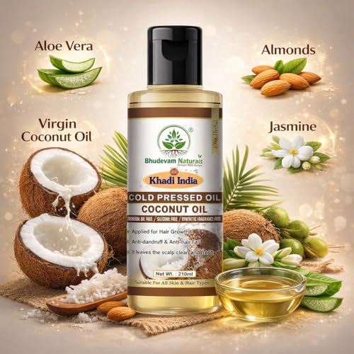 Image of Bhudevam Naturals Khadi Cold Pressed Pure Coconut Oil For Skin & Hair | Helps to Prevents Hairfall | Moisturizing and Nourishing For All Hair And Skin Types (210ml)