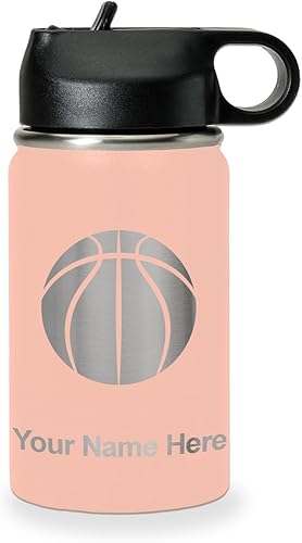 Miniatura 43 de LaserGram Botella de agua personalizada, pelota de baloncesto, acero inoxidable de doble pared aislada al vacío con popote superior, regalo grabado