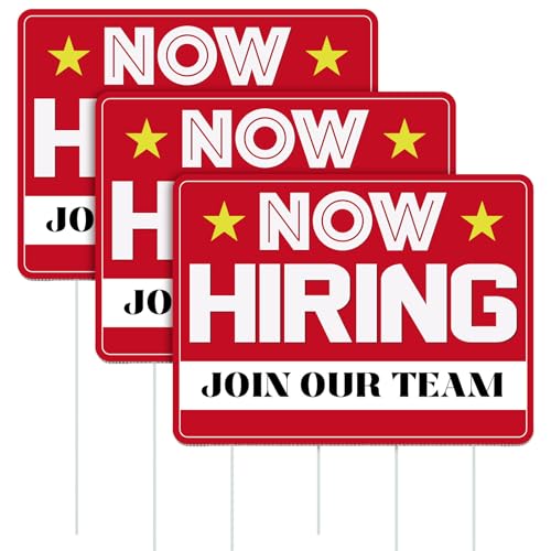 Leinuosen 3 Pcs Now Hiring Sign with Stake 12 x 16 Inches Double Sided Plastic Signs Help Wanted Sign for Business Stores Yards Outdoor Indoor Roadside