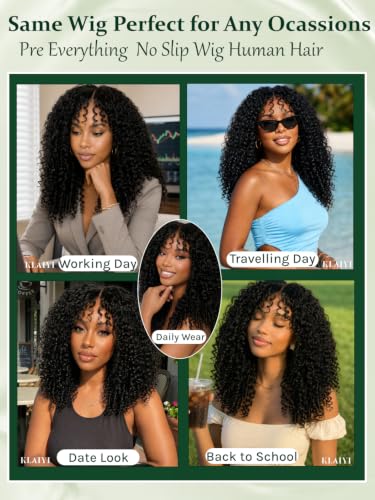 Image of KLAIYI Burmese Curly Bang Precut 7x5 Lace Wig Human Hair Finger Ends 24Inch | Bye Bye Slip Kinky Curly Glueless Lace Front Wig Drawstring Pre Plucked Bleached Knots 30S Ready to Wear and Go Beginner Wig