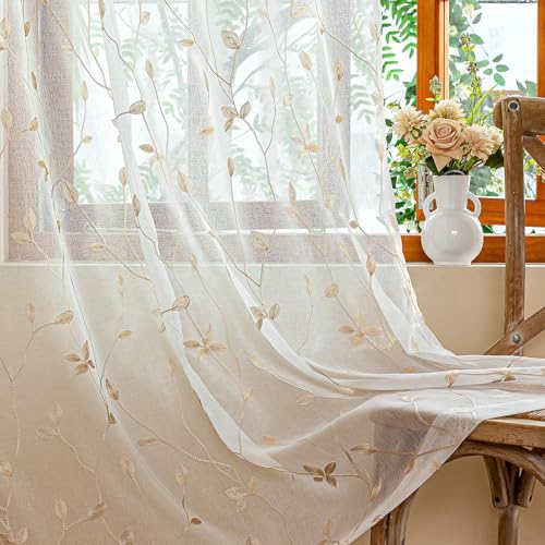 AmHoo 2 Panels Embroidered Leaf Pattern Semi Sheer Curtains Foliage Floral Voile Window Draperies Treatment for Bedroom Living Room Rod Pocket White Beige 53 x 84 Inch