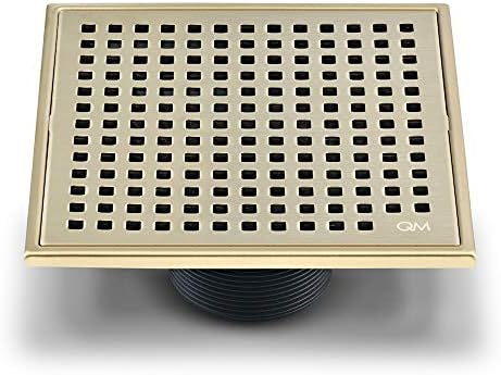 QM Square Shower Drain, Grate made of Stainless Steel Marine 316 and Base made of ABS, Lagos Series Mira Line, 5 inch 3/4, Satin Gold Finish, Kit includes Hair Trap/Strainer and Key