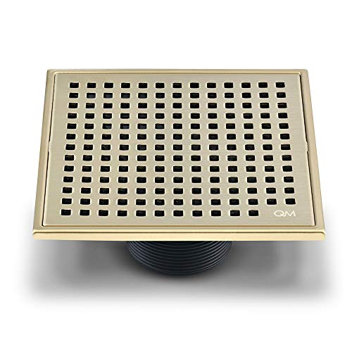 Qm Square Shower Drain, Grate Made Of Stainless Steel Marine 316 And Base Made Of Abs, Lagos Series Mira Line, 5 Inch 3/4, Satin Gold Finish, Kit Includes Hair Trap/Strainer And Key #TOP17