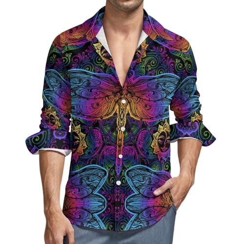 Camisas de manga larga con botones para hombre, mandalas indias, libélula, casual, cuello en V, a la moda, para hombre, Estilo-3, XX-Large