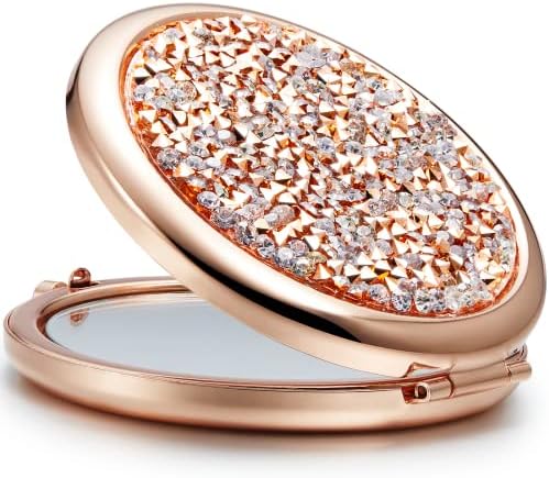 OMIRO Compact Mirror, Mini Mix Diamond 1X/2X Magnifying Round Metal Pocket Makeup Mirror (Rose Gold)