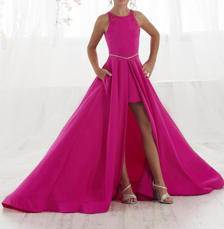 Girl's Satin Flower Girl Dresses with Pockets Kids Pageant Dress A-line Beaded Prom Party Gowns4