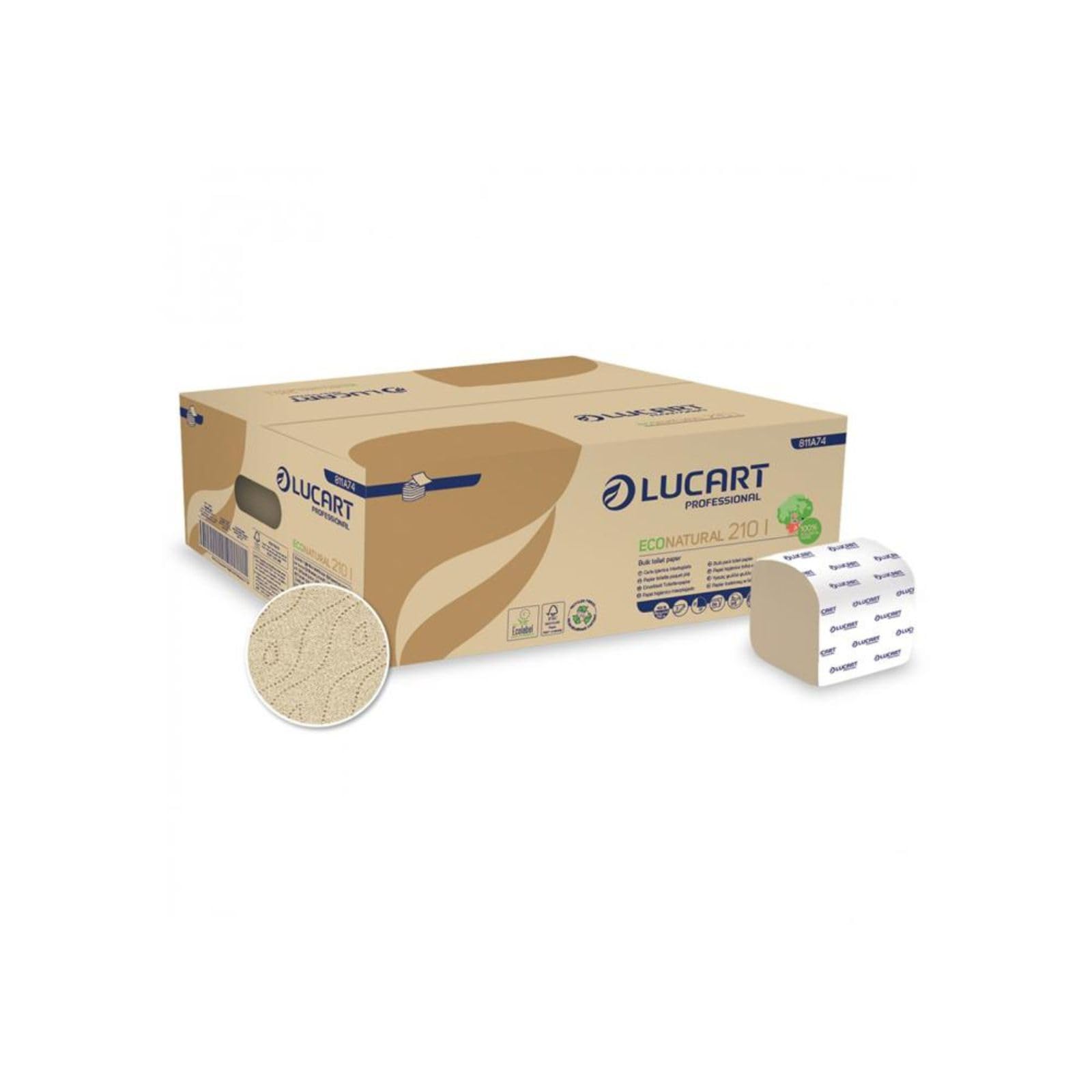 Lucart Professional, EcoNatural 210I, Papier hygiénique plié en deux en Fiberpack, idéal pour les salles de bains publiques et les bureaux, 210 feuilles par paquet, 10x21 cm, 40 paquets