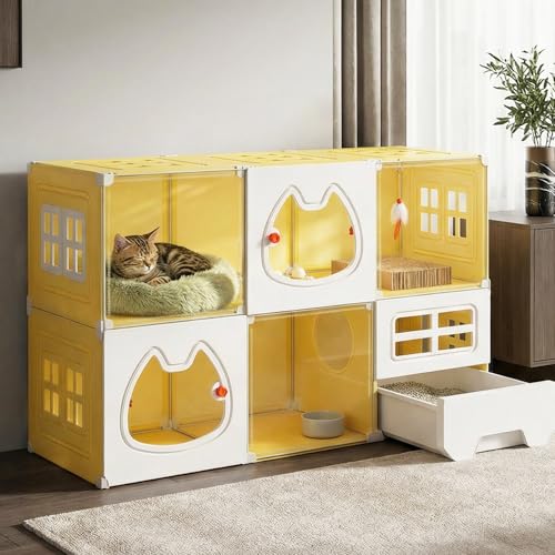 Cat Cage with Litter Box | Detachable Metal, Transparent Window, DIY Zones |…