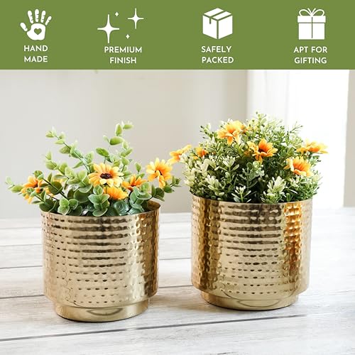 Image of BEHOMA Hammered Gold Metal Mini Tabletop Planters Set of 2 | | Pot for Indoor Outdoor Balcony Living Room | Table Plant Pot for Gifting (Plant not Included)