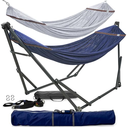 Image of Tranquillo Combo x2 Hammocks with Stand for Outside & Tree Straps, Heavy Duty Hammock with Stand 600lbs for Indoor Outdoor Patio Backyard, x2 Hammocks for 2 Person, Portable Carrying Bags, Aegean
