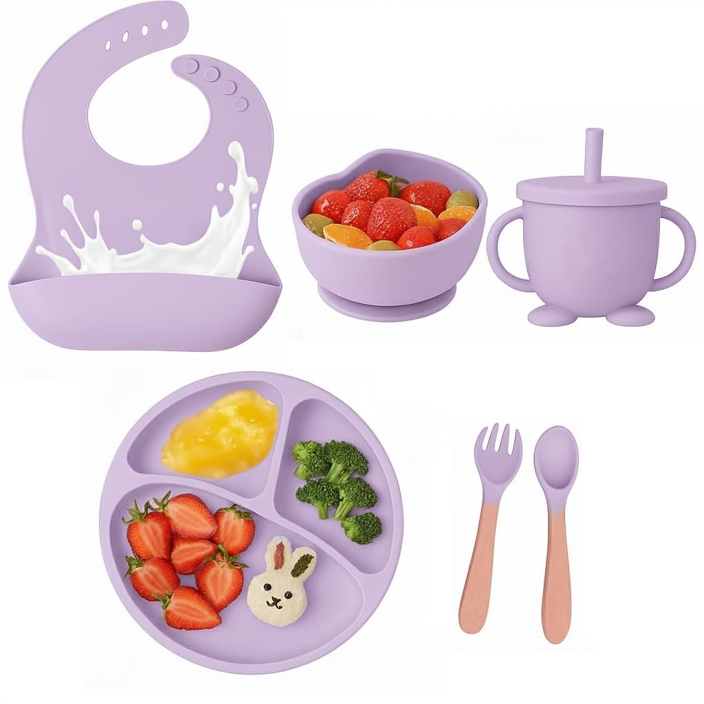 CPEX 6PCS Silicone Baby Feeding Set with Suction Plate, Bowl, Bib, Spoon, Fork & Training Cup – BPA Free, Non-Toxic, Microwave & Dishwasher Safe Toddler Feeding Supplies for Babies 6+ Months-image-11