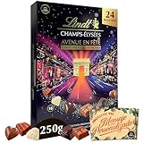 Calendario de Adviento Campos Elíseos + Tarjeta Personalizable Cia&Co con 24 Bombones Exclusivos de Chocolate Suizo · Con Leche, Negro y Blanco · Recetas Praliné, Caramelo y Fondant 250 g