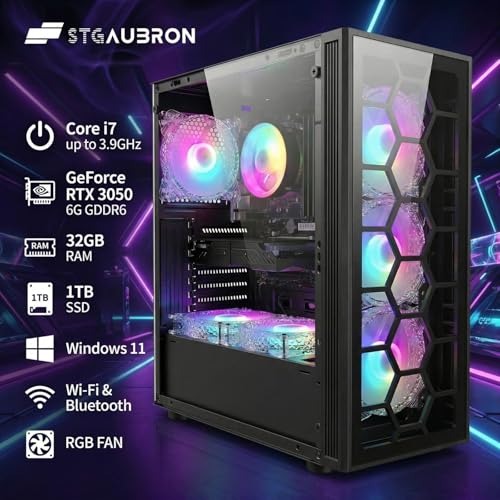 Image of STGAubron Gaming PC Desktop Computer, Intel Core i7 up to 3.9GHz, GeForce RTX 3050 6G, 32GB RAM, 1TB SSD, WiFi 6, BT 5.0, RGB Fan x6, Windows 11 Home