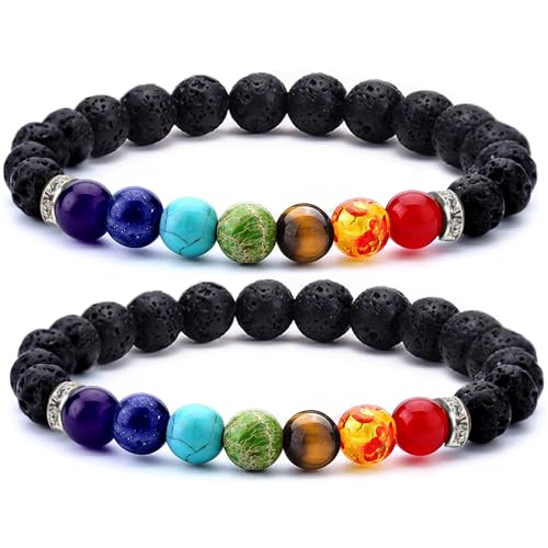 Image of Simply Vedic Chakra Bracelet with Natural Gemstones & Lava Stones for Energy Balancing Emotional Healing Focus Enhancement Stress Relief| Spiritual Gift Fashion Jewellery Unisex- Pack 2