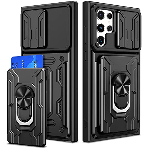VEGO for Samsung Galaxy S22 Ultra 5G Case (Not for S22 & S22 Plus) with Slide Camera Cover, Card Holder & 360Â°Ring Holder, Heavy Duty Protective Case for Samsung Galaxy S22 Ultra 6.8 Inch - Black