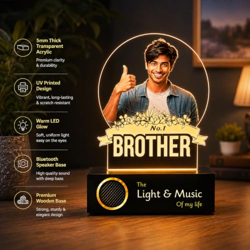 Image of ZOCI VOCI Personalized No.1 Brother Custom UV Printed LED Photo Lamp, Warm White Acrylic Night Lamp with Wooden Base, Customized Rakshabandhan Gift for Brother