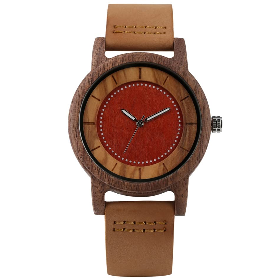 Pulsera de Cuero Reloj de Hombre de Madera de Nogal café Relojes de Madera de Cuero Genuino Blanco/Rojo Reloj Simple Dial Relojes de Madera Unisex
