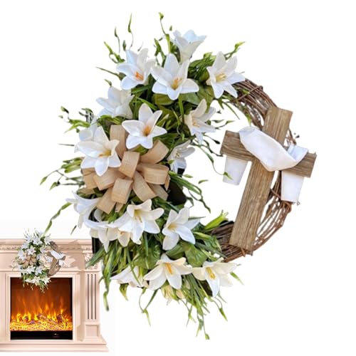 Easter Door Wreath,White Lily Cross Home Garland,Holiday Wreaths - for Kitchen Wedding Party Entryway Living Room Family Gathering