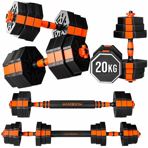 ManiBoom Pesas y Mancuernas Ajustables ANTIDESLIZANTES - Mancuernas 10kg 15kg 20kg 30kg 40kg 50kg Hexagonales con Barra Regulables y Cierre de SEGURIDAD - Kit de Ejercicio (20 KG Naranja)