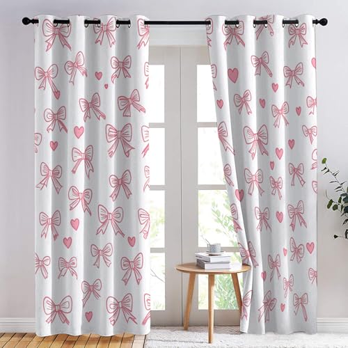 Pink Bow Curtains for Bedroom 54 Drop, Modern Cute Romantic Blackout Curtains for Living Room Home Decor, Eyelet Window Drapes, 46 x 54 Inch 2 Panels - Image 4