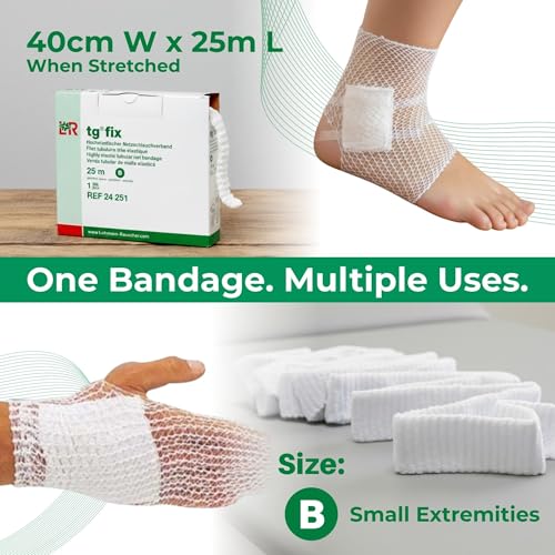Image of Lohmann & Rauscher tg Fix Net Tubular Bandage, Elastic Mesh Retainer for Wound Dressings, Size B for Small Extremities, 40cm x 25m, Wide-Mesh, Bi-Elastic, Ladder‑Proof, Cuttable Netting