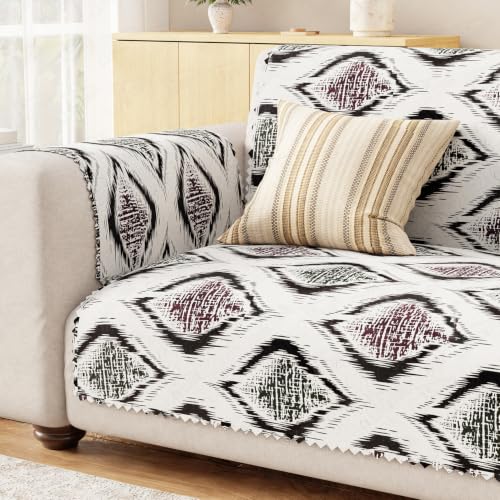 Image of Lukzer 3 Seater Sofa Cover Quilted Reversible WaveEdge Ultrasonic Cut Sofa Mat with Back and Hand Rest Covers - Ikat Rose - Washable Sofa Protector for Modern Living Room 180 x 150 CM /SC-203-03WB